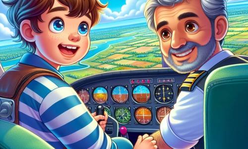 Un ragazzo di dodici anni, con capelli castani arruffati e occhi pieni di eccitazione, è seduto nel cockpit di un piccolo aereo. Indossa una camicia blu a righe e un casco da pilota, mostrando un grande sorriso meravigliato. Accanto a lui, un uomo di circa cinquant'anni, con capelli brizzolati e barba curata, indossa una elegante tuta da pilota. Lo guarda con orgoglio, mostrandogli i comandi dell'aereo. Il cockpit è pieno di pulsanti colorati, strumenti luminosi e finestre panoramiche che offrono una vista spettacolare su un cielo blu punteggiato di nuvole bianche. Sotto, si intravede un paesaggio verdeggiante, con fiumi scintillanti e campi dorati. La scena rappresenta il momento magico in cui il ragazzo prende i comandi dell'aereo per la prima volta, provando un'emozione intensa e gioia, pronto a decollare verso nuove avventure.