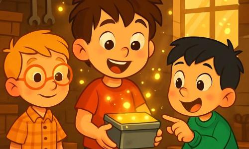 Ci sono 3 personaggi: Leo, un ragazzo di 5 anni con capelli castani disordinati e occhi pieni di curiosità, indossa una t-shirt rossa e pantaloni corti blu, è al centro con una piccola scatola di metallo; Nico, un ragazzo di 5 anni con capelli biondi e occhiali rotondi, indossa una camicia a quadri e pantaloni beige, è leggermente in disparte a sinistra, osservando la scatola con un sorriso; Tommi, un ragazzo di 5 anni con capelli neri e lentiggini, indossa un felpa verde e jeans, è a destra, puntando la scatola con occhi sgranati di meraviglia. La scena si svolge in un vecchio garage pieno di scatole di legno e attrezzi arrugginiti, con la luce che filtra attraverso una finestra impolverata, creando raggi dorati. I tre amici scoprono una scatola misteriosa con lucciole brillanti all'interno, affascinati dai colori vivaci che danzano intorno a loro, pronti per un'avventura incredibile nel tempo.