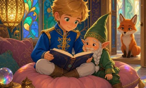 Principe ragazzo capelli color miele occhi verdi, emozione calma e meravigliata, giacca blu ricamata d’oro seduto su un grande cuscino rosa cipria con un libro di velluto aperto sulle ginocchia; gnomo bambino molto piccolo barba argentata intrecciata cappello appuntito verde seduto sul bordo del cuscino a destra del principe che guarda il libro come per sussurrare un segreto; piccola volpe rossa dagli occhi dolci seduta nell’imbotte di una porta ad osservare; stanza nascosta con pareti di vetrate colorate (blu, verde, oro), tappeti e motivi dorati, pavimento chiaro, luce calda e morbida che crea riflessi arcobaleno; scena intima e magica: il principe scopre il segreto del passo leggero ascoltando il silenzio e leggendo, composizione centrata, colori pastello saturi, forme semplici.