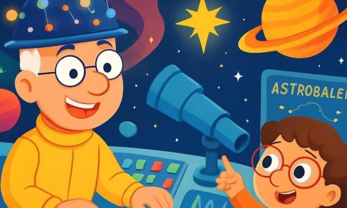Un uomo, il Dottor Leo, è in piedi sul ponte della sua astronave, l'Astrobaleno. Ha un grande sorriso, occhi scintillanti di curiosità e indossa un buffo cappello pieno di luci lampeggianti. Regola con entusiasmo i comandi, pronto a partire per un'avventura. Accanto a lui, una ragazza di 10 anni, Mia, con capelli ricci e occhiali rotondi, osserva le stelle attraverso un telescopio magico. È meravigliata, con gli occhi spalancati, e indica una stella brillante nel cielo. L'astronave è circondata da un paesaggio spaziale abbagliante, con pianeti colorati, nebulose luminose e stelle scintillanti che illuminano l'oscurità. La scena principale mostra Leo e Mia pronti a decollare verso Saturno, con luci lampeggianti sul cruscotto e una grande mappa delle stelle esposta dietro di loro. L'eccitazione e l'avventura si respirano nell'aria, mentre si preparano a salvare gli esploratori dispersi.
