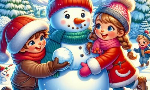 Un ragazzo di 7 anni, di nome Luca, con capelli castani disordinati e guance rosse per il freddo, sorride meravigliato mentre costruisce un grande pupazzo di neve. Indossa un cappotto rosso vivo, un berretto di lana e guanti blu, ed è accovacciato, tenendo una palla di neve tra le mani. Accanto a lui, la sua migliore amica Sofia, una ragazza di 7 anni con lunghi capelli biondi intrecciati e un sorriso splendente, lo aiuta aggiungendo una carota come naso al pupazzo di neve. Indossa una sciarpa rosa e stivali foderati. Poco più in là, Marco, un ragazzo di 7 anni con capelli castani e occhiali rotondi, lancia una palla di neve ridendo, pronto a colpire Luca. Indossa un cappotto blu e un berretto nero. La scena si svolge in un magnifico paesaggio invernale, con alberi maestosi coperti di neve scintillante, un cielo azzurro chiaro punteggiato di nuvole bianche e fiocchi di neve che cadono dolcemente intorno a loro. Luca, Sofia e Marco si divertono insieme a creare un pupazzo di neve, ridendo e giocando nella neve, catturando la magia e la gioia dell'inverno.