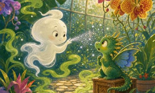 Un pequeño fantasma llamado Niebla, translúcido como humo de crema y con ojos redondos color luna, sopla con delicadeza una nube de polvo plateado de semilla lunar sobre el ala herida de Brillín, un minidragón de jardín del tamaño de un zapato de escamas esmeralda con motas doradas y un ala vendada de pétalos azules; sentado sobre una pequeña caja de palma, muestra alivio y sorpresa mientras la Bruma Verde, una fina niebla verde lima, juguetea entre las plantas en una luminosa invernáculo de vidrio con gotas de lluvia en los cristales; el polvo brilla en pequeñas estrellas plateadas que caen como nieve suave, las plantas parecen respirar y la luz atraviesa el vidrio en manchas doradas.
