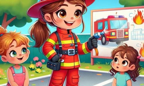 Eine Feuerwehrfrau, Lena, lächelt entschlossen in ihrer leuchtend roten Uniform und dem großen Feuerwehrhelm. Sie steht mit einem Feuerwehrschlauch bereit, um ein imaginäres Feuer zu löschen. Ihre braunen Haare sind zu einem Pferdeschwanz gebunden, und ihre Augen strahlen vor Begeisterung. Neben ihr steht ein 7-jähriger Junge namens Max mit zerzausten blonden Haaren und einem blauen T-Shirt, der Lena bewundernd anblickt. In seinen Händen hält er ein kleines Spielzeugfeuerwehrfahrzeug und steht leicht im Hintergrund mit weit aufgerissenen Augen. Ein weiteres Kind ist Clara, ein 6-jähriges Mädchen mit lockigen braunen Haaren in einem rosa Kleid, das auf dem Boden sitzt und mit Buntstiften einen Sicherheitsplan zeichnet, während sie Lena inspirierend anlächelt. Die Szene spielt in einem sonnigen Schulhof, umgeben von grünen Bäumen und bunten Blumen. Im Hintergrund ist ein großes Plakat zur Brandsicherheit mit Kinderzeichnungen zu sehen. Lena erklärt den Kindern die Bedeutung der Brandsicherheit, zeigt ihnen, wie man einen Feuerwehrschlauch benutzt, und ermutigt sie, an einem Sicherheitsplan teilzunehmen. Die Kinder sind fasziniert und engagiert, was eine fröhliche und lehrreiche Atmosphäre schafft.