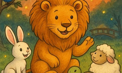 El personaje principal es un león llamado León Lino, tímido pero cálido, con gran melena dorada y patas mullidas, sentado contando una historia con una pata levantada; a su izquierda, Lía la liebre, una conejita vivaz de orejas rosa y blancas, agazapada y sonriente; a su derecha, Tilo la tortuga, de caparazón marrón verdoso, serena y atenta; acurrucada junto al león, Nube la ovejita, redonda y esponjosa; encima, Pico el pajarito azul con una pluma torcida, posado en una rama listo para cantar; todo en un claro con hierba verde y pétalos rosas, un puente de madera al fondo, luciérnagas amarillas iluminando y un cielo crepuscular anaranjado con luna plateada, mientras el grupo forma un semicírculo sobre la hierba, atento y en un ambiente acogedor y mágico.