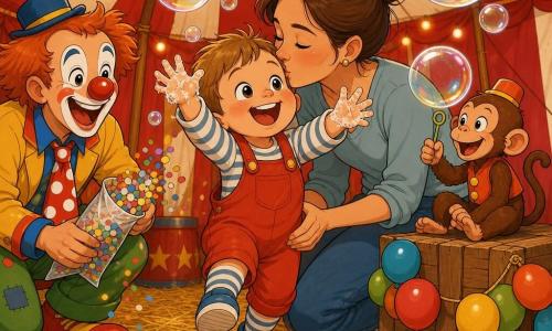 Un bambino di 2 anni, occhi vivaci e sorriso ampio, capelli castano chiaro a ciocche, salta e cattura bolle di sapone giganti; indossa una piccola salopette rossa, calzini a righe e scarpe blu, mani appiccicose, postura gioiosa e dinamica; una donna adulta (la mamma), aspetto femminile, capelli castani raccolti in uno chignon, lo guarda teneramente e lo bacia sulla fronte stando dietro di lui; un clown adulto (uomo), naso rosso tondo e grande cravatta a pois, trucco colorato, accovacciato a sinistra del bambino, ride e agita un pacchetto di coriandoli; un piccolo scimmietta giocattolo su una cassa di legno a destra, pelo bruno ed espressione maliziosa, una ghirlanda di palloncini legata alla cassa; luogo: un tendone da circo a strisce rosse e bianche, pavimento di paglia dorata, luci calde sospese e festoni colorati; situazione: momento di festa con il bambino che cattura bolle che riflettono le luci del tendone, atmosfera festosa, colori vivaci e forme rotonde, stile dolce e chiaro per i più piccoli.