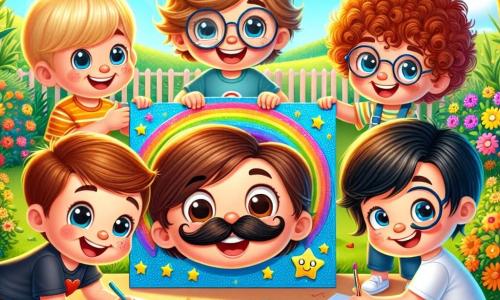 In a sunny garden, five five-year-old boys gather to celebrate Father's Day. Max, with brown hair and sparkling eyes, holds a large colorful cardboard with a beaming smile. Next to him, Leo, with curly hair and round glasses, draws mustaches on the drawing. Sam, a little blonde boy with rosy cheeks, enjoys sticking shiny stars on the cardboard. Oliver, with brown hair and a blue t-shirt, writes love messages with great concentration. Finally, the fifth boy, Tom, with black hair and bright eyes, watches his friends' work in amazement. 

The garden is filled with vibrant flowers, butterflies dancing around, and a large tree providing welcoming shade. The sky is bright blue, and the sun shines joyfully, creating a festive atmosphere. 

The boys are creating a magical card for their dads that will play a sweet melody when opened. They laugh and help each other, filled with excitement and love, ready to present their masterpiece to their fathers.