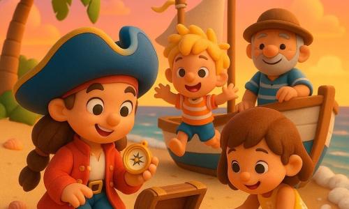 Marina, pirata sorridente e coraggiosa con treccia e cappello blu, mostra una piccola bussola brillante dalla scatola di legno sulla sabbia; Seba, un bimbo biondo, salta di gioia vicino alla poppa della barca bianca e blu; Gino, uomo anziano con barba grigia, sorride appoggiato sul ponte; Lina, bambina in vestito giallo, è accucciata con un sacchetto di semi profumati; spiaggia di sabbia dorata con palme, conchiglie e onde leggere, barca ancorata con vela arrotolata e bandierine, luce calda del tramonto arancione-rosa; scena: l'equipaggio felice scopre la scatola, i bambini piantano i semi e tutti sorridono insieme; stile: figurine 3D arrotondate, texture morbide, colori vivaci e resa luminosa e infantile.
