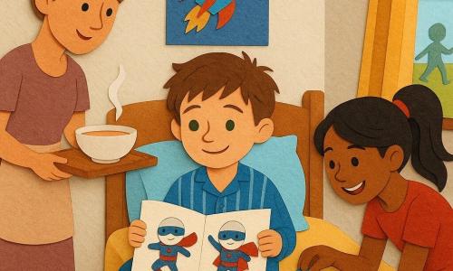 A smiling but still slightly tired 10-year-old boy, Max, with bright green eyes and tousled brown hair in striped pajamas sits on his bed holding a sketchbook where he draws small white globes dressed as superheroes; his mother (about 35), with light brown hair in a bun, a simple dress and apron, stands to his left bringing a tray with a bowl of soup and a glass of water; a 13-year-old girl, Jamie, with black hair in a ponytail and colorful jeans, crouches by the foot of the bed laughing as she sticks funny-eye stickers on a small water bottle and looks at Max; through the window behind the bed silhouettes of children play ball in the garden under a blue paper-like sky; the room is decorated with a red-and-blue rocket poster above a wooden desk scattered with an open notebook and pencils, striped curtains letting in a warm sunbeam, layered paper-cut textures, and the scene conveys a tender, optimistic, warm family atmosphere with simple, childlike shapes and bold contrasts.