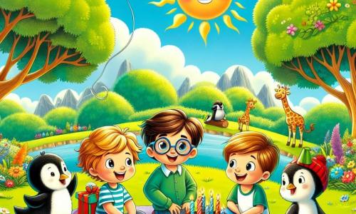 In a sunny park, Max, a six-year-old boy with brown hair and round glasses, stands in the center, smiling widely. To his right, Leo, a boy with blonde hair and sparkling eyes, joyfully dances while imitating a penguin. On the left, Sam, a boy with brown hair wearing a green t-shirt, watches in awe as a squirrel approaches. Finally, Ben, a boy with black hair and a red hat, sits on a colorful blanket, holding a gift in his hands, ready to give it to Max. The park is filled with vibrant flowers of all colors and majestic trees providing shade. A large blue sky stretches above them, dotted with fluffy white clouds. The main scene shows Max surrounded by his friends, all laughing and having fun, with a big chocolate cake on the blanket and a giraffe-shaped balloon gently floating above them. The atmosphere is joyful and festive, filled with laughter and happiness, illustrating a beautiful birthday party.