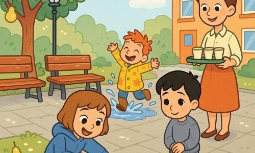 A smiling, curious 6-year-old girl, Maya, with short light brown hair and a blue hooded jacket, kneels by a large shiny puddle showing cloud reflections; beside her stands shy, awed 6-year-old Eli with black hair and a gray sweater, hands clasped and smiling softly, while playful 6-year-old Sam with red hair and a yellow star raincoat splashes in the background; their teacher, Mrs. June, about 30–35 with her hair in a bun and a light blouse, watches kindly from a few steps away holding a tray of paper cups; setting: a schoolyard after rain with wet paving and grass, wooden benches, a lamppost, a pear tree with fallen petals and a pale blue sky reflected in puddles, a gentle spring light, muddy textures and bright splashes as the children treat the puddle like a little mirror of the sky.
