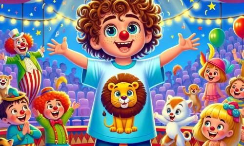 Un niño de 6 años, Nico, con cabello rizado y redondo como espaguetis, lleva una camiseta grande con un león dibujado. Tiene ojos brillantes de alegría y una gran sonrisa que ilumina su rostro. Nico hace ruidos de animales, rodeado de sus amigos animales que bailan a su alrededor. A su lado, un payaso alegre llamado Tino, con una nariz roja grande y zapatos gigantes, hace muecas riendo. Lila, una niña de 8 años con un tutú rosa y plumas en el cabello, camina sobre una cuerda a unos metros sobre ellos, observándolos con una sonrisa alentadora. El escenario es una gran carpa de circo colorida, con rayas rojas y azules, llena de luces brillantes y globos flotantes. Espectadores maravillados, niños y adultos, están sentados en bancos de madera, riendo y aplaudiendo. La escena muestra a Nico en el centro, rodeado de animales que bailan y se divierten, mientras el público ríe y aplaude, creando una atmósfera festiva y alegre de circo.