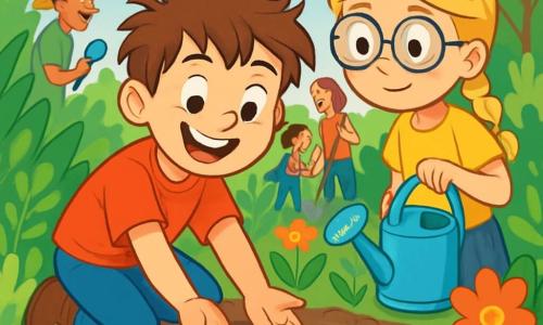 Um garoto de 10 anos, Miguel, com cabelos castanhos bagunçados e um grande sorriso radiante de excitação, está agachado em um jardim ensolarado, com as mãos na terra, plantando sementes de flores coloridas. Ao seu lado, uma menina de 9 anos, Sofia, com cabelos loiros trançados e óculos redondos, o observa com um olhar curioso, segurando um pequeno regador azul brilhante. O jardim está cheio de plantas verdinhas, flores vibrantes em cores vivas, e um céu azul claro com algumas nuvens brancas flutuando. Ao fundo, adultos e crianças trabalham juntos, rindo e compartilhando ferramentas de jardinagem. A cena transmite uma atmosfera alegre e amigável, ilustrando o trabalho em equipe e a beleza da natureza.