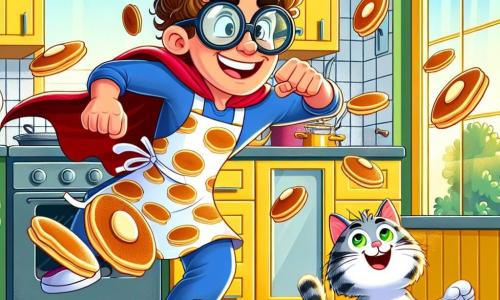 A man named Bob, with large round glasses and curly brown hair, is joyfully dancing in his kitchen. He wears a pancake-patterned apron and has a big smile on his face, showing his excitement. Next to him, a gray cat with green eyes curiously watches pancakes flying in the air. The kitchen is bright, with yellow walls and open windows letting in sunlight. Pancakes float around Bob, creating a magical and fun atmosphere. The main scene shows Bob, the comedic superhero, using his spinning powers to make kitchen objects dance, while the cat observes with curiosity, adding a touch of whimsy to the scene.