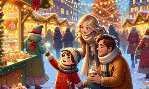 In a bustling Christmas market, a 5-year-old boy named Liam, with messy brown hair and a red coat, gazes in wonder at the twinkling lights. Beside him is a gentle mother, around 30, with long blonde hair wearing a wool scarf, smiling and holding a cup of hot chocolate. A cheerful father, about 32, with a brown beard and a Christmas hat, leans down to show Liam a lovely candy stand. The market is filled with colorful stalls adorned with fairy lights and shiny ornaments, with a large Christmas tree at the center, illuminated by golden stars. Snowflakes gently fall, adding a magical touch to the festive atmosphere. The main scene shows Liam, amazed, following a bright star in the sky, while his mother and father search for him with concern. The market lights twinkle around them, creating a warm and joyful ambiance.