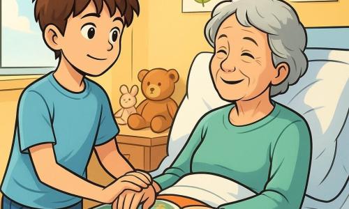 Un băiat de 12 ani, cu părul castaniu și ochii strălucind de determinare, stă lângă bunica sa. Poartă un tricou bleu deschis și blugi, având o expresie de curaj și sprijin. Mâna lui este delicat așezată pe a bunicii, care are aproximativ 70 de ani, cu părul alb și un zâmbet cald în ciuda oboselii. Ea este așezată pe un pat de spital, înconjurată de perne pufoase și pături colorate, ținând o carte ilustrată în mâini. Locul este o cameră de spital luminoasă, cu pereți vopsiți în galben pastel, desene de copii agățate pe pereți și o fereastră care lasă să intre lumina soarelui. Jucării de pluș sunt împrăștiate pe o masă din apropiere, adăugând o notă de confort mediului medical. Situația principală arată băiatul încurajându-și bunica înainte de o procedură medicală, respirând adânc împreună, creând un moment de conexiune și serenitate în mijlocul incertitudinii.