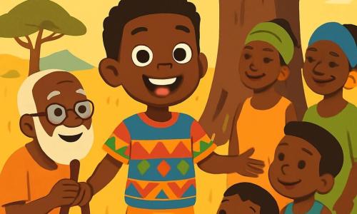A young boy named Kofi, around 12 years old, stands in the center of the image with a bright smile and sparkling eyes. He wears a colorful t-shirt and lightweight shorts with African patterns. Kofi is surrounded by villagers, all smiling and engaged in lively discussion. Abena, a 70-year-old man with a long white beard and round glasses, sits under a large baobab tree, holding a wooden stick. He listens attentively to Kofi, with children sitting around him, captivated by his stories. The setting is an African savanna, bathed in golden light, with tall grasses swaying in the wind and a majestic baobab tree in the background providing shade. The main scene shows Kofi gathering the villagers around Abena, all united to discuss how to help the animals and restore the watercourse, with expressions of determination and hope on their faces.