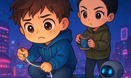 A determined, slightly frightened 12-year-old boy with a round face, wide bright eyes and messy brown hair, wearing a blue hoodie and worn jeans, crouches on the curved roof of a VR-training dome, holding a fine metal needle and a spool of silver luminous thread he pulls toward a shimmering tear in the sky; behind him stands Zara, a brave, focused 12-year-old with fair skin and her black hair in a practical bun, wearing a khaki jacket and sneakers, steadying the spool with braced elbows, while a small round gray maintenance robot with friendly blue LED eyes and an extendable tool arm rolls nearby and projects a thin lamp onto the tear; the futuristic city at night is lit by pink and blue neon with stadiums and glowing billboards below, and the boy appears to be sewing the black fissure—its edges shimmer and shadowy fingers are repelled by the thread’s light—creating a magical urban scene of vivid colors, strong contrasts and dramatic lighting.