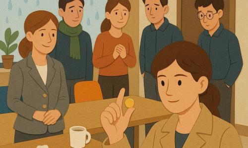 A 35-year-old female detective with short chestnut hair and a beige coat, focused and gentle, holds a small gold button between her fingers and raises it like evidence; June, a 28-year-old colleague with long tied hair and a relieved smile, stands behind a desk to the left with hands clasped; Sam, a 24-year-old thin IT technician with round glasses and a shy posture, stands by the right door with hands in his pockets looking at a small muddy footprint on the floor; Emily, a 30-year-old newcomer in a gray suit with gold buttons, holds her jacket and reaches for a half-full coffee cup on the conference table, leaning slightly toward the detective; Ravi, a 32-year-old marketing manager with a green scarf, looks embarrassed and stares at the button in the detective’s hand. The scene is a modern open conference room with cream walls, rain-speckled windows, light wood tables, colorful chairs, potted plants, a desk lamp off and a small pile of crumpled papers on the table; the mood is a calm, solemn revelation with vivid colors, sharp shadows and visible paper textures.