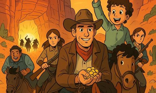 A determined, relieved man, Jake Harper, tanned face, bright blue eyes, worn brown hat and leather jacket, holds a handful of gold coins shining in the sun while riding his chestnut mare Dusty at full gallop; a boy, Benny (about 12), with curly hair and an amazed smile, astride a young horse near Jake, holds up a small sparkling jewel in victory; a slim woman, Martha (about 28), focused, dusty boots and a shooter’s shoulder pad, stands just behind Jake with her rifle lowered, ready to protect the group; a stocky, muscular man, Tom (about 35), warm soot-streaked face, nudges a horse to speed up at the rear-left; a courageous young woman, Clara (about 20), hair streaming, grips her reins and looks back to watch the pursuit; they race out of a glowing red canyon—layered red and ochre cliffs, sagebrush, an orange sunset sky, golden dust kicked up by hooves, a few cacti and a narrow stony trail—treasure glinting on saddles, as dark bandit silhouettes emerge from the canyon behind them with weapons raised and horses in chase.