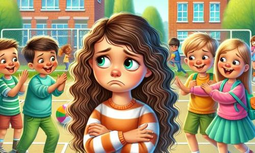 Osiemletnia dziewczynka Ania, z długimi kręconymi włosami i błyszczącymi oczami, stoi na środku szkolnego podwórka. Wygląda na smutną i zdenerwowaną, z rękami skrzyżowanymi przed sobą, patrząc w ziemię. Po jej prawej stronie Kacper, dziewięcioletni chłopiec z krótkimi blond włosami, patrzy na nią z kpiącym uśmiechem, z założonymi rękami, otoczony przez kilku kolegów, którzy się śmieją. Po jej lewej stronie Kasia, nowa przyjaciółka, o gładkich brązowych włosach, wyciąga do niej rękę z zachęcającym spojrzeniem, gotowa ją wesprzeć. Scena rozgrywa się na ruchliwym podwórku szkolnym, z kolorowymi zabawkami w tle, zielonymi drzewami i bawiącymi się dziećmi. W oddali widać budynek szkolny z jasnymi oknami. Główna sytuacja pokazuje Anię, niepewną i smutną, w obliczu Kacpra, który się z niej śmieje, podczas gdy Kasia, jej nowa przyjaciółka, stara się dodać jej odwagi, aby dołączyła do zabawy i nie dała się zniechęcić kpinom.