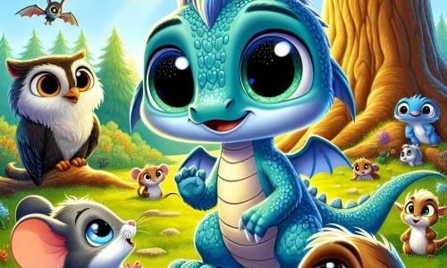 În centrul imaginii, Arin, un tânăr dragon cu solzi de un albastru strălucitor, cu ochi mari și strălucitori și un zâmbet timid, stă sub un stejar mare. Aripile sale mici sunt ușor pliate, iar el privește cu curiozitate un mic grup de animale. La dreapta sa, Fleo, un șoricel mic cu ochi strălucitori și blană gri, zâmbește cu entuziasm, cu labele din față ridicate ca și cum ar dori să atragă atenția lui Arin. La stânga, Lila, o bufniță cu pene maronii și albe, observă cu un aer înțelept, cu ochii ei mari și rotunzi plini de înțelegere. Fundalul arată o pădure luxuriantă, cu raze de soare filtrându-se printre frunze, creând o atmosferă caldă și primitoare. Arin, puțin nervos, își împărtășește cu prietenii săi secretul despre minciuni, în timp ce Fleo și Lila îl ascultă cu atenție, pregătiți să-l încurajeze.
