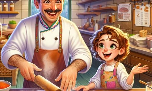 Chef Luca, un uomo di una cinquantina d'anni con i capelli castani leggermente brizzolati e baffi arricciati, sorride allegramente mentre prepara l'impasto per la pizza su un grande piano di lavoro in legno. Indossa un grembiule colorato e ha le mani coperte di farina, mostrando il suo entusiasmo e la sua passione per la cucina. Accanto a lui, Alessia, una bambina di 10 anni con i capelli ricci e gli occhi scintillanti, osserva con meraviglia, tenendo un mattarello. Indossa un piccolo grembiule rosa e sembra impaziente di provare a fare la sua pizza. Marco, un ragazzo di 9 anni con occhiali e capelli castani, sta scegliendo ingredienti su un tavolo pieno di verdure colorate, mostrando un grande sorriso, mentre Tommaso, un ragazzo di 10 anni con capelli biondi e uno sguardo curioso, si avvicina a Chef Luca per fare domande sulle spezie. La scena si svolge nella cucina del ristorante 