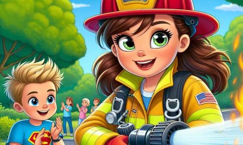 In the foreground, Firefighter Lily, a brave woman in her 30s, wears a shiny red helmet and a large yellow jacket. Her face radiates determination and joy as she uses a fire hose to extinguish a small fire in a tree. Her brown hair is tied back in a ponytail, and her eyes sparkle with concentration. Next to her, Timmy, a 7-year-old boy, watches with admiration. He has messy blonde hair and wears a blue t-shirt with a superhero design. He stands to the side, hands on his hips, ready to help, with a big smile on his face. The scene takes place in a sunny park, with a clear blue sky and lush green trees around. In the background, a small crowd of neighbors can be seen applauding and encouraging the firefighters, adding a sense of community. The main situation shows Firefighter Lily controlling the fire in the tree, while Timmy, full of enthusiasm, prepares to assist her, illustrating the theme of bravery and teamwork.