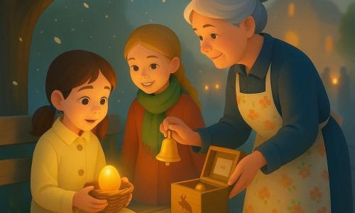 Trei personaje: Daria, fetiță ~9 ani cu păr șaten în coadă de melc, palton galben deschis, stând pe o bancă veche din lemn în stânga, ținând un coșuleț cu un ou galben strălucitor; Mara, fetiță ~9 ani cu păr blond împletit și eșarfă verde, în picioare spre dreapta, zâmbind și ținând o clopoțică aurie; bunica, ~65 ani, păr gri în coc, șorț cu flori, aplecată peste o cutiuță mică de lemn decorată cu un iepure, mâinile pe capac și privire blândă. Locație: curtea unei biserici de sat la amurg, pavaj din piatră, tei mare cu petale albe căzând, lumini de lumânări care aruncă pete calde pe piatră; în fundal silueta bisericii și figuri difuze cu lumânări. Situație: cutiuța se deschide și dezvăluie o clopoțică aurie și un bilețel; cele trei personaje împart uimire și tandrețe. Atmosferă caldă, luminoasă, tonuri galbene/ambre/ocrue cu accente verzi și albastre, particule de polen sau petale în aer; stil clar, forme simple, umbre moi și degradeuri fine.