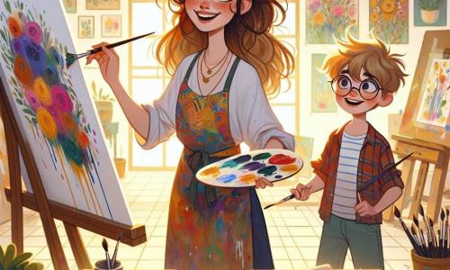 In the center of the image, Lily, a thirty-something artist, is passionately painting. She has messy long brown hair, a radiant smile, and wears a colorful apron covered in paint splatters. Her eyes shine with excitement as she mixes bright colors on her palette. Next to her, Max, a twelve-year-old boy with tousled blond hair and glasses, watches in awe. He holds a brush in one hand and looks at the canvas with wide eyes, ready to add his personal touch to the collaborative artwork. Their studio is a true sanctuary of creativity, with walls adorned with vibrant paintings and splashes of color everywhere. Brushes, paint tubes, and canvases are scattered across large wooden tables, while golden light filters through the windows, illuminating the space. In this scene, Lily and Max joyfully collaborate to create art together, surrounded by a vibrant and inspiring atmosphere where imagination comes to life with every brushstroke.