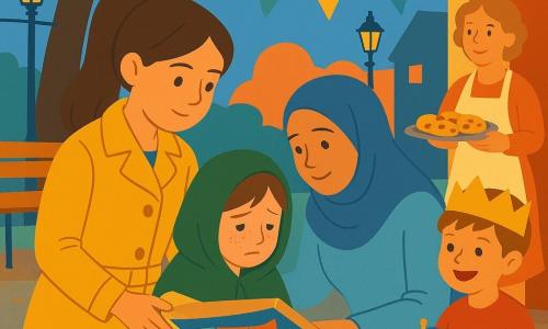 Hoofdmeisje: Noor, ongeveer 11 jaar, geconcentreerd vriendelijk gezicht, bruine paardenstaart, mosterdgele jas, houdt een geopende doos met gekleurde wimpels en kijkt zacht naar een ander kind; tweede meisje: Mila, ongeveer 9 jaar, verlegen blik, rode ogen, te grote groene capuchon, zittend op een klein stoeltje bij de doos, handen geklemd, beschaamd maar opgelucht; vrouw: Salma, ongeveer 40 jaar, zachte geruststellende uitdrukking, licht hoofddoekje, gehurkt naast Mila met een hand op haar schouder; jongen: Sem, ongeveer 6 jaar, verraste glimlach, papieren kroon, houdt een klein stervlaggetje en staat wat terug bij een boom; vrouw: mevrouw Pien, ongeveer 50 jaar, warme gezicht met bloemensporen op de wangen, staat met een schaal koekjes aan het groepje tegemoet; locatie: klein dorpspleintje bij schemering met smeedijzeren lantaarns, grote boomtak, houten bank, geplaveide grond en slingers tussen lantaarns; situatie: verzoeningsmoment—Noor overhandigt de doos met wimpels terwijl Mila bekent, iedereen vormt een kring, zachte lichte sfeer, eenvoudige grafische compositie met duidelijke schaduwen en knippapiertexturen.