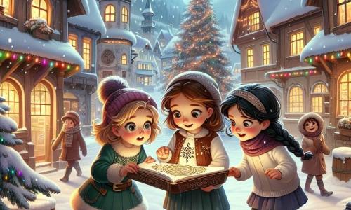 Tres chicas, Clara, Lucía y Marina, están en el centro de una plaza nevada, rodeadas de casas con techos puntiagudos cubiertos de nieve. Clara, una niña de 10 años con cabello castaño y gafas redondas, sostiene un cuaderno en sus manos, mirando con curiosidad un antiguo amuleto en forma de copo de nieve. A su derecha, Lucía, una niña de 9 años con cabello rubio y rizado, brilla de emoción al escuchar una historia, sus ojos destilan imaginación. A la izquierda, Marina, una niña de 10 años con cabello negro trenzado, explora el suelo nevado en busca de tesoros escondidos, con una sonrisa traviesa en el rostro. La escena tiene lugar en un encantador pueblo de montaña, donde luces coloridas brillan en un gran árbol de Navidad en el centro de la plaza. Los copos de nieve caen suavemente, creando una atmósfera mágica, mientras decoraciones festivas adornan las casas de madera. Las chicas, unidas por la amistad, descubren juntas un amuleto misterioso, símbolo de la leyenda del Mensajero de la Nieve, y se preparan para compartir su descubrimiento con el pueblo, iluminando así el espíritu navideño.
