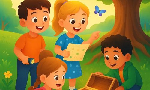 Hay cuatro niños: Lucas (niño, ~9 años) de pelo castaño corto y gran sonrisa sostiene una pequeña linterna a la izquierda; Ana (niña, ~8) con coleta rubia y vestido azul de lunares muestra con entusiasmo un mapa del tesoro junto a Lucas; Mateo (niño, ~9) de pelo negro rizado y chaqueta verde está agachado recogiendo una botella brillante entre las piedras a la derecha; Sofía (niña, ~7) de pelo castaño claro trenzado y pequeña mochila rosa señala una caja de madera bajo las raíces frente al grupo, junto a un gran árbol con raíces expuestas en la orilla de un río poco profundo de aguas claras con guijarros visibles, hierba y flores amarillas en la ribera y mariposas alrededor; la caja abierta revela piedras preciosas coloridas que brillan y los niños muestran asombro mientras la suave luz del sol filtra entre las hojas creando una atmósfera alegre y segura.