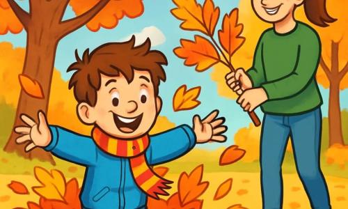 Een 10-jarig jongetje, Tijs, met rommelig kastanjebruin haar en een grote stralende glimlach, zit in een hoop herfstbladeren, met zijn armen wijd open, klaar om in de felle kleuren van de gele, oranje en rode bladeren te duiken. Zijn blauwe wollen jas en gestreepte sjaal geven een vrolijke toets aan zijn uiterlijk. Naast hem staat zijn moeder, een vrouw van een dertigtal met lang bruin haar in een paardenstaart, die glimlacht terwijl ze een grote tak met bladeren vasthoudt, klaar om deze aan hun hoop toe te voegen. Ze draagt een groene trui en een spijkerbroek, staat iets op de achtergrond en kijkt haar zoon met genegenheid aan. De omgeving is een prachtig herfstpark, met majestueuze bomen met vuurrode bladeren, een heldere blauwe lucht met donzige witte wolken, en zonnestralen die door de takken filteren en de met bladeren bedekte grond verlichten. De hoofdscène toont Tijs die plezier heeft met springen in de bladeren, terwijl hij felle kleuren om zich heen spettert, terwijl zijn moeder hem aanmoedigt met een warme glimlach, wat een scène vol vreugde en herfstenergie creëert.