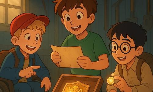 Drie jongens van ongeveer 10–11 jaar in een oud lichtblauw houten tuinhuis: een bruineharige jongen in groen T‑shirt en jeans staat in het midden met een vergeelde brief en kijkt verwonderd naar een open houten kist; links een blonde jongen met rode pet en blauwe jas zit in een kleine rolstoel en wijst glimlachend naar een glanzend gouden blazoen in de kist; rechts een kortgeknipte jongen met zwarte haren, ronde bril, beige overhemd en rugzak is gehurkt en houdt een klein glimmend medaillon. Binnen zijn stoffige zonnestralen zichtbaar door een vieze ruit, gereedschap aan de muren, spinnenweb in een hoek en versleten houten vloer; sfeer van ontdekking en kameraadschap met warme kleuren, zachte schaduwen en gedetailleerde houttexturen.