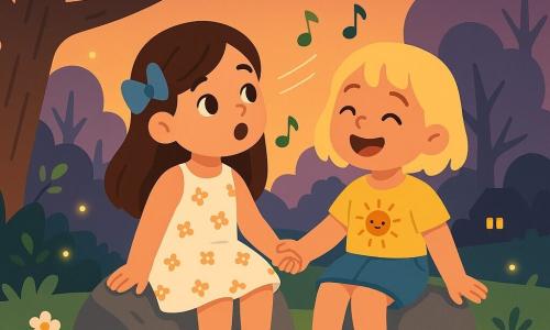 Hay dos niñas de 5 años: Luna, pelo castaño largo con una gran horquilla azul, vestido blanco con pequeñas flores, sentada en una piedra a la izquierda cantando con una nota clara mirando un poco a la derecha; y Sol, pelo rubio corto, camiseta amarilla con un pequeño sol, falda vaquera corta, sentada a la derecha de Luna, tomándole la mano y riendo suavemente mientras canta. Ambientado al borde de un bosque al atardecer: hierba verde con flores blancas, un gran roble a la izquierda con una rama baja, luciérnagas alrededor, siluetas violetas de árboles y cielo naranja-rosado, algunas piedras y una casa lejana con una ventana iluminada. Las niñas cantan juntas al crepúsculo con expresiones serenas y concentradas, postura relajada y segura, luz cálida en sus rostros, notas musicales estilizadas y líneas de aliento, y hojas que tiemblan como si aplaudieran.