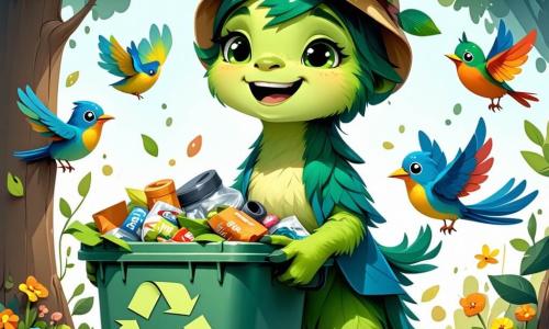 Lila, una criatura mágica con un pelaje verde brillante y ojos en forma de esmeralda, sonríe alegremente mientras sostiene un gran contenedor colorido lleno de residuos reciclables. Lleva un pequeño sombrero de hojas y guantes de jardinería, mostrando su entusiasmo por la protección de la naturaleza. A su lado, el Sr. Pájaro, un ave de plumas multicolores y mirada preocupada, vuela a su alrededor, cantando para animar a los niños a participar. El escenario es un parque verde, lleno de árboles majestuosos, flores coloridas y un cielo azul brillante. En el suelo, los niños ríen y se divierten recogiendo basura, creando una atmósfera alegre y dinámica. La escena muestra a Lila y sus amigos organizando una gran fiesta de limpieza, donde todos se unen para hacer su pueblo más limpio y hermoso.