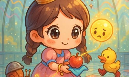 Una princesa niña sonriente y algo tímida, ojos grandes y brillantes, corona ligeramente ladeada, vestido corto rosa pálido con bordes azules, cabello castaño en dos trenzas; agachada, sostiene una pequeña manzana roja sobre un pañuelo azul y ata un hilo luminoso a su pulsera dorada. Una Risa Mágica representada como una esfera luminosa amarillo vivo que rebota, con pequeñas chispas y expresión pícaro-triste, flotando sobre la manzana. Un caracol con casco, lento y paciente, con caparazón ocre-marrón a la izquierda, ofrece un hilo fino y brillante. Un pato con botas amarillo vivo y botas rojas, algo distraído, se desliza detrás de la princesa sobre el suelo de vidrio con una pata levantada. Lugar: interior de una cúpula de vidrio transparente y redondeada, suelo de mosaico de vidrio con estrellas y tazas de té, gran móvil de cristal con pequeñas estrellas colgantes que giran, reflejos brillantes y rayos dorados de sol. Situación: la princesa, tranquila, invita a la esfera a posarse en la manzana mientras ata suavemente el hilo; el ambiente es alegre pero algo caótico, con ondas sonoras dibujadas como olas de colores en las paredes de vidrio. Estilo visual: chibi kawaii, colores pastel saturados, trazos redondeados y contornos limpios, texturas brillantes de vidrio, iluminación suave y cálida.