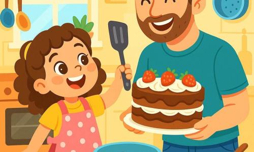 An 8-year-old girl named Lily, with curly brown hair, wears a polka-dotted pink apron and a big smile full of excitement. Her eyes sparkle with joy as she holds a spatula in one hand and a large chocolate cake decorated with cream and strawberries in the other. Next to her, her father, Mr. Jenkins, a tall man with light brown hair and a slight beard, smiles proudly, wearing a casual t-shirt and jeans. They are in a sunny kitchen filled with bright colors, with kitchen utensils scattered and baking ingredients around them. The main scene shows Lily and her father celebrating Father's Day, surrounded by a joyful atmosphere where love and connection shine through their smiles and the delicious smell of the cake baking in the oven.