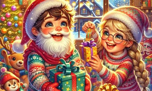 Ein fünfjähriger Junge namens Max mit zerzausten braunen Haaren und roten Wangen lächelt fröhlich, während er ein großes, buntes Geschenkpaket hält. Er trägt einen niedlichen rot-grünen Overall und einen gestreiften Schal und steht in der Mitte des Bildes, voller Aufregung. Neben ihm hilft ein sechsjähriges Mädchen namens Anna mit langen, geflochtenen blonden Haaren und funkelnden Augen, Geschenke mit einem großen Lächeln zu verpacken. Ein fünfjähriger Junge, Leo, mit runden Brillen und kastanienbraunen Haaren, klebt goldene Sterne auf ein Paket und lacht begeistert. Die Szenerie ist eine charmante und gemütliche Werkstatt des Weihnachtsmanns, gefüllt mit bunten Spielzeugen, glitzernden Girlanden und einem großen, beleuchteten Weihnachtsbaum im Hintergrund. Draußen fallen sanft Schneeflocken durch ein mit Girlanden geschmücktes Fenster. Die Szene zeigt Max, Anna und Leo, die Geschenke für Kinder auf der ganzen Welt vorbereiten, während sie Lachen und Freude teilen, was den Geist von Weihnachten und die Bedeutung des Schenkens veranschaulicht.