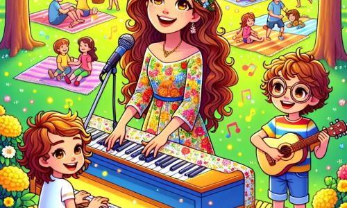 Clara es una mujer de unos treinta años, con largos cabellos castaños ondulados y ojos brillantes de alegría. Lleva un vestido colorido adornado con motivos florales y está de pie frente a un piano, con una sonrisa radiante en el rostro, cautivada por la música que toca. A su lado, Lucas, un niño de diez años con cabello castaño despeinado y gafas redondas, mira a Clara con admiración. Lleva una camiseta a rayas y sostiene una pequeña guitarra, listo para cantar. La escena tiene lugar en un parque soleado, rodeado de árboles con hojas verdes vibrantes y flores brillantes. Niños juegan al fondo y familias se instalan en mantas coloridas. Clara y Lucas están cantando juntos en un pequeño escenario improvisado, sus rostros iluminados por la alegría de compartir su música con el público, que los aplaude con entusiasmo.