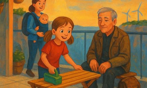 An 8-year-old girl, joyful and focused, light brown pigtails and curious eyes, wearing a small green tool pouch, has just opened a folding bamboo stool and stands beside a glass railing, smiling proudly; to her right an elderly man (about 70) with gray hair, a worn jacket and a heavy bag sits down on the stool with a calm look of relief; to her left a young woman (about 30) leans on the railing holding a baby in a carrier and smiles at the view; a small matte-round service drone with soft LED lights hovers above and behind the stool, projecting a small illuminated map on the ground; the scene is on an urban terrace carved into a cliff with light stone paving, hanging planters, transparent glass rail, glass elevators in the rock face and small wind turbines on the horizon, golden evening light, serene hopeful mood, warm contrasts on the stool and soft blue sky tones; style: acrylic painting with crisp strokes, visible textures, saturated colors, soft shadows and a warm, childlike atmosphere.