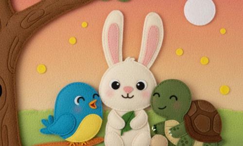 Milo, a small cream-white felt rabbit with long pink ears, round shiny black eyes and a pink nose, holds a small green leaf and smiles; Pippa, a round blue felt bird with a yellow belly and rounded wings, perches on a low orange branch to the left singing; a slow dark-green felt turtle with a brown speckled shell and a peaceful smile sits to the right with a foot on a small beige ball; they sit close together in a sunset forest clearing on soft green felt ground beneath a textured oak branch, against an orange-pink sky with a white moon and glowing yellow fireflies, warm tactile calm atmosphere, soft colors, simple shapes and visible felt textures.