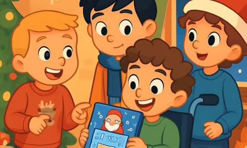 Há 4 crianças: - Lucas: Menino, 10 anos, cabelos castanhos e cacheados, sorridente, sentado em uma cadeira de rodas, segurando um calendário do Advento com uma expressão de excitação no rosto. - Miguel: Menino, 9 anos, cabelos loiros e curtos, vestindo um suéter vermelho com um rena, em pé ao lado de Lucas, apontando para o calendário com um grande sorriso. - Pedro: Menino, 10 anos, cabelos negros e lisos, usando um cachecol azul, inclinado para frente com uma expressão curiosa, observando o calendário atentamente. - Tiago: Menino, 9 anos, cabelos castanhos e ondulados, usando um gorro de Natal, em pé perto da janela, observando a neve cair com admiração. O local é uma aconchegante sala de estar decorada para o Natal, com uma grande e brilhante árvore de Natal iluminada por luzes coloridas, cercada por pacotes de presente brilhantes. As paredes estão adornadas com guirlandas de pinheiro e flocos de neve de papel, enquanto uma suave luz dourada emana de uma lareira crepitante. A cena principal mostra as crianças descobrindo um misterioso calendário do Advento, com uma pequena nota mágica que as convida para uma aventura de Natal cheia de surpresas e risadas. Elas estão todas reunidas, ansiosas e alegres, prontas para explorar os mistérios que o duende travesso preparou para elas.