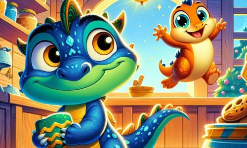 Zig, um pequeno dragão azul com escamas brilhantes e olhos curiosos, está no centro da cozinha da escola, segurando um sapato verde com listras douradas na pata. Ele parece animado e determinado, com um grande sorriso no rosto. Ao seu lado, Pina, uma salamandra laranja com olhos redondos e travessos, salta de alegria, pronta para explorar. A cozinha é acolhedora, com paredes de madeira, prateleiras cheias de potes coloridos e utensílios de metal que brilham sob a luz suave da lua. Biscoitos dourados estão dispostos em uma mesa de madeira, e uma janela aberta deixa entrar uma brisa leve. Zig e Pina descobrem o mistério do sapato perdido, cercados por uma atmosfera mágica e aventureira.