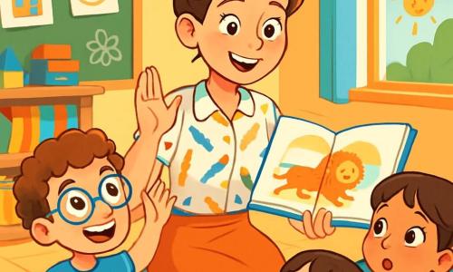 A teacher, a woman in her thirties, smiling and warm, stands in the middle of a bright classroom. She has brown hair tied in a bun and wears a colorful blouse with pencil patterns. Her eyes shine with enthusiasm as she shows a book to the children. Next to her, an 8-year-old boy with glasses and curly hair raises his hand with a big smile, eager to share his answer. A little further away, a 7-year-old girl with braids and a pink t-shirt sits on the carpet, listening attentively, her eyes wide with curiosity. The classroom is decorated with colorful drawings on the walls, with shelves filled with books and educational games. A large whiteboard is filled with words and drawings, and a window lets in sunlight, brightening the space. The main scene shows the teacher reading an engaging story to the children, who are all sitting in a circle around her, captivated by her words. The atmosphere is joyful and full of energy, with bursts of laughter and radiant smiles.
