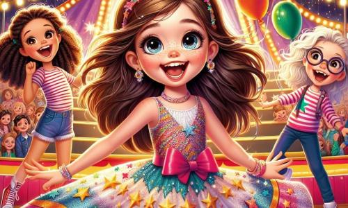 No centro da imagem, está **Sofia**, uma menina de seis anos com longos cabelos castanhos e olhos brilhantes, vestindo um vestido colorido com estrelas e brilhos. Sofia dança alegremente com os braços levantados, cercada por suas amigas. À sua direita está **Ana**, uma menina de seis anos com cabelos loiros trançados, usando uma camiseta listrada e um short jeans, rindo e fazendo gestos divertidos. À esquerda, está **Clara**, outra menina de seis anos com cabelos cacheados e um vestido rosa, fazendo uma careta engraçada. Por fim, **Bia**, uma menina de seis anos com cabelos negros e óculos, está fazendo malabarismos com balões coloridos, sorrindo muito. Ao fundo, o **circo** é decorado com grandes faixas coloridas, luzes cintilantes e uma tenda listrada vermelha e branca. Espectadores maravilhados estão sentados em bancos de madeira, aplaudindo e rindo, enquanto o ar está cheio do cheiro de **pipoca** e **algodão-doce**, criando uma atmosfera festiva. A cena principal mostra as quatro amigas **dançando e se divertindo com Leo**, o grande leão de pelagem dourada, que as imita movendo a cabeça e se balançando, acrescentando um toque de magia e risadas à sua apresentação. As crianças estão encantadas, e a energia alegre da cena é palpável, capturando o espírito de um circo cheio de vida e amizade.