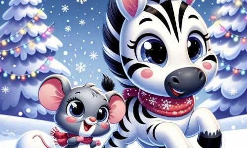 Wesoły mały zebra, z czarno-białym paskowanym futrem, skacze w błyszczący śnieg, a jego duże oczy błyszczą radością. Ma na sobie mały czerwony szalik wokół szyi i szeroko się uśmiecha, a jego uszy są postawione w oznace podekscytowania. Obok niego tańczy urocza mała szara mysz, z dużymi okrągłymi oczami i różowymi policzkami. Wygląda na radosną i śmieje się, podnosząc małe łapki w powietrze, podczas gdy kręci się w śniegu. Sceneria to wspaniały zimowy krajobraz, z zaśnieżonymi drzewami o ciężkich gałęziach, gwiaździstym niebem pokrytym żywymi kolorami i delikatnie opadającymi płatkami śniegu, tworzącymi magiczną atmosferę. Scena przedstawia moment, w którym zebra i mysz zamierzają spełnić życzenie, tocząc dużą kulę śniegu w kierunku majestatycznego starego dębu, otoczonego migoczącymi światłami i świątecznymi dekoracjami.