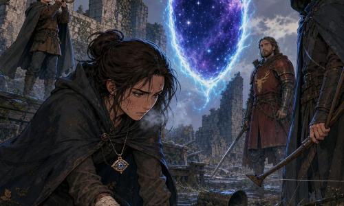 Main woman: Mara Vell, a 30–35-year-old postwoman with a determined, tired face, focused bright eyes, a dusty dark coat, a bloodied bandage on her right hand pressed over a small iron eye-shaped pendant as she kneels or leans beside an iron ring on the ground; Mara’s emotion: brave, focused, resolute, tense but calm. Secondary 1: Jory, about 12, messy black hair, surprised yet brave, standing on a stone before the chapel blowing a shiny brass postal horn, cloak simple, gaze toward the tear. Secondary 2: a Wood archer, ~40, in dark hooded clothes, standing respectfully back at right with an arrow pointed at the ground, worried look at the fissure. Secondary 3: a Red Stag Clan knight, ~30–45, partial red armor and leather at left, lowered lance, wary but still, a few steps behind Mara to suggest a forced alliance. Location: ruins of Foxbarrow chapel on a hill with broken stones and toppled benches, a fallen bell, ivy and tall grass, recent rain making stones gleam, muddy patches and dead leaves. Supernatural element: a floating oval tear in the air with a pale blue flame rim and no smoke, filled with spinning stars and violet clouds, casting a faint blue reflection on faces and steel. Main situation: Mara presses her bloody hand and pendant to the iron ring while Jory sounds the horn, the tear wavers and light tendrils escape; soldiers form a semicircle around them, tension and hope visible, dramatic lighting contrasting the cold blue glow of the rift and warm yellow campfire light off-frame. Graphic style: soft but contrasted colors, clean rounded lines, detailed stone and metal textures, readable slightly childlike facial expressions, heroic yet approachable atmosphere, cinematic lighting with a blue halo around the tear and warm highlights on the characters.