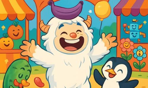 A happy and fluffy Yeti, with white fur and sparkling mischievous eyes, stands at the center of the scene, laughing heartily while wearing a purple banana-shaped hat. Next to him, Pip, a small black and white penguin with a bright smile, dances by flapping his little wings, clearly delighted. A Quacking Cucumber, a green cucumber with a red bow tie, stands a bit back, doing a comical bow, adding to the joyful atmosphere. The scene takes place in the Wiggly Waggly Market, a colorful market where stalls are decorated with smiling fruits, dancing toys, and laughing flowers, under a blue sky dotted with marshmallow-shaped clouds. The Yeti and his friends are celebrating Pip's birthday, surrounded by Jumpy Jellybeans dancing around them, while a rubber duck joyfully honks. The atmosphere is filled with laughter and vibrant colors, creating a festive and lively ambiance.