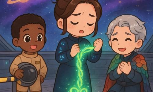 Liora, an adult woman with a soft concentrated face and brown hair in a messy bun, in a navy space-healer suit with glowing runes, stands in the center of a small magic ring weaving a green ribbon of light around an energy knot; Jace, a 10-year-old boy with an oversized helmet on his shoulder, wide eyes and a brave smile in a beige cadet uniform, stands behind a safety line pressing a crescent button on a lighted panel; Orin, an adult man with pale shimmering skin, messy silver hair and a colorful scaled coat, kneels beside Liora relieved, hands on his chest as small blue sparks calm; they are in a space observation dome with a curved window showing purple nebulae and ringed planets, polished metal floor with light panels and runes, while the healer guides a green luminous trail (golden grains and azure filaments) out the bay toward a distant station amid a halo of stars—tense but hopeful, bright contrasting colors, cute warm style.
